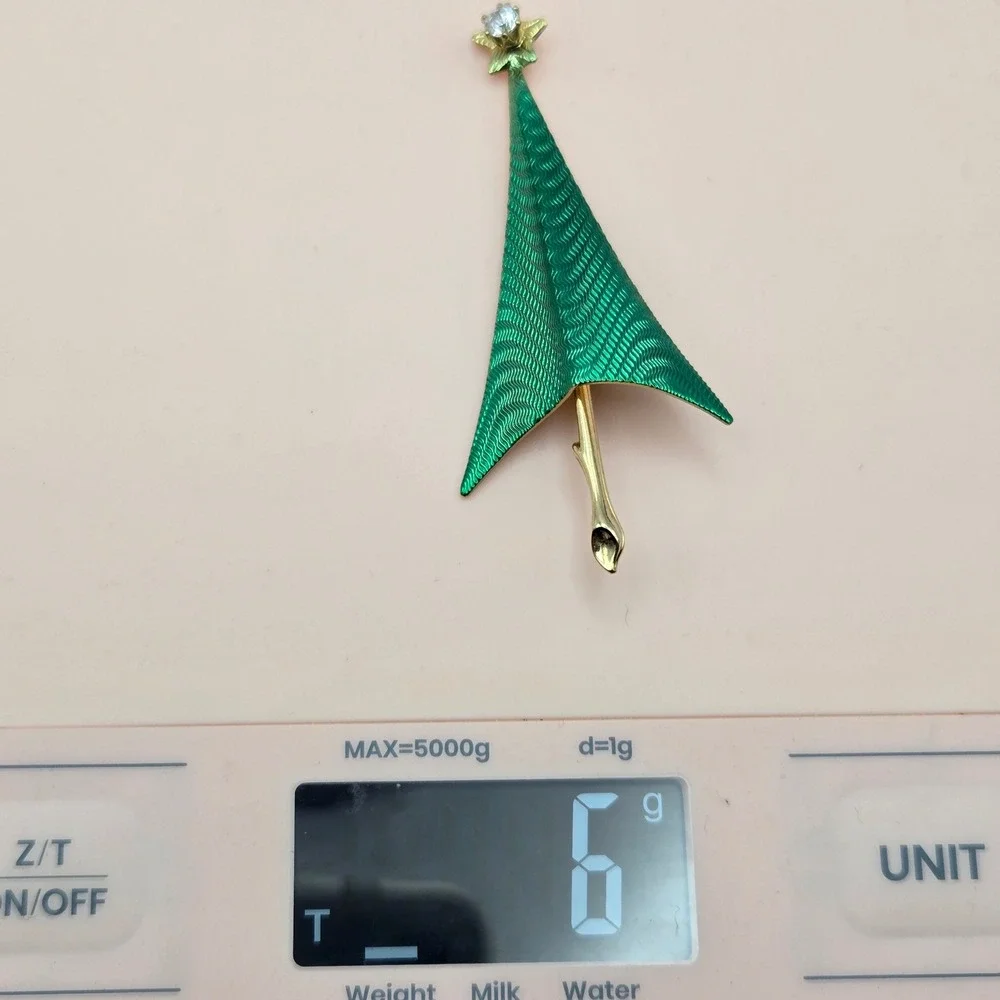 Cerrito Christmas Tree Brooch Green Enamel Rhinestone Star Signed Vintage